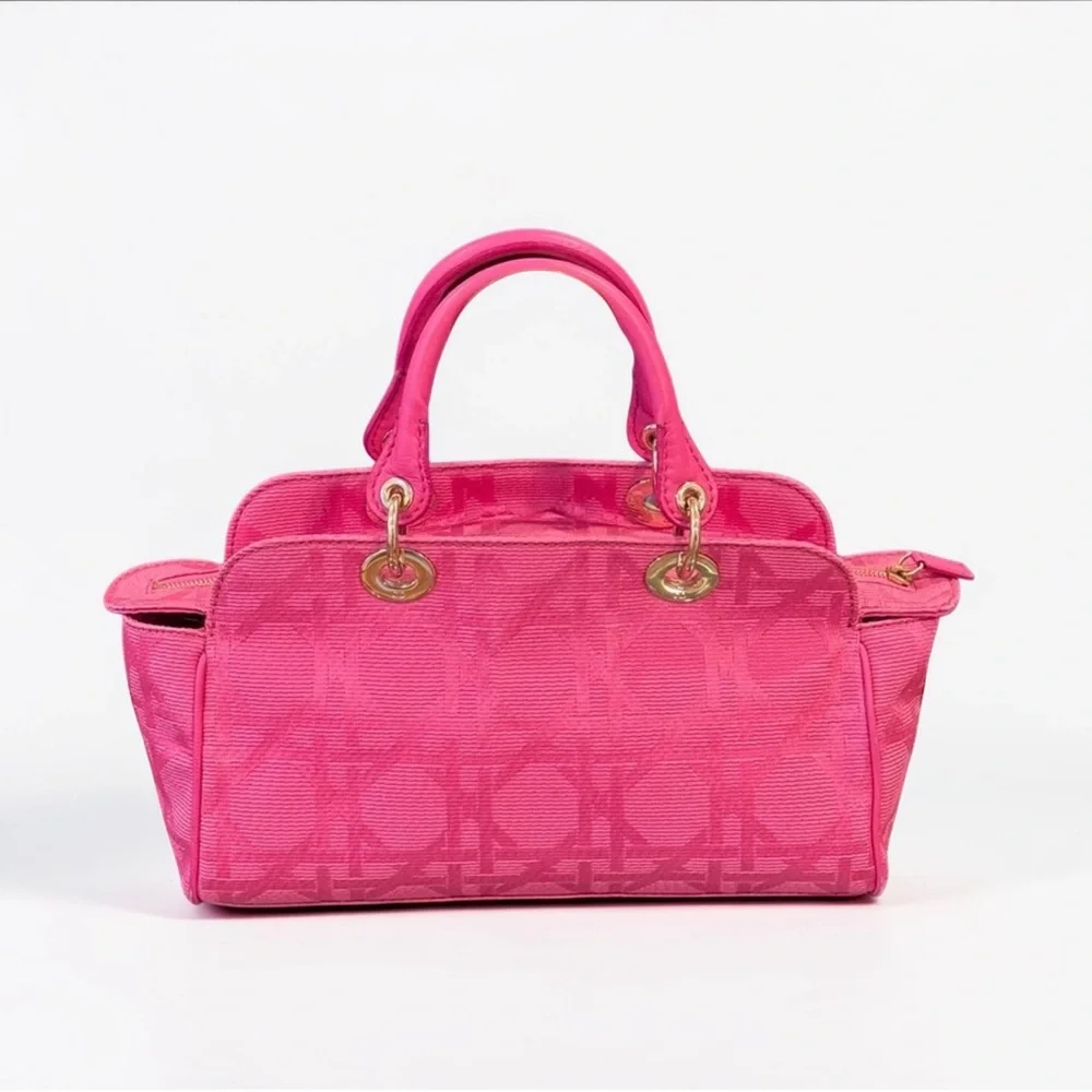 Auth LADY DIOR East West tote bag fushia Pink cannage silk jacquard Handbag RARE
